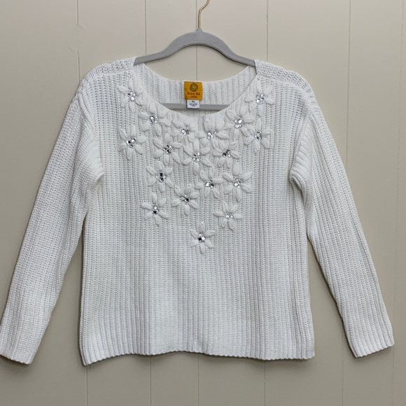 Ruby Rd. Embroidered Rhinestone Off White Knit Sweater - Picture 1 of 3